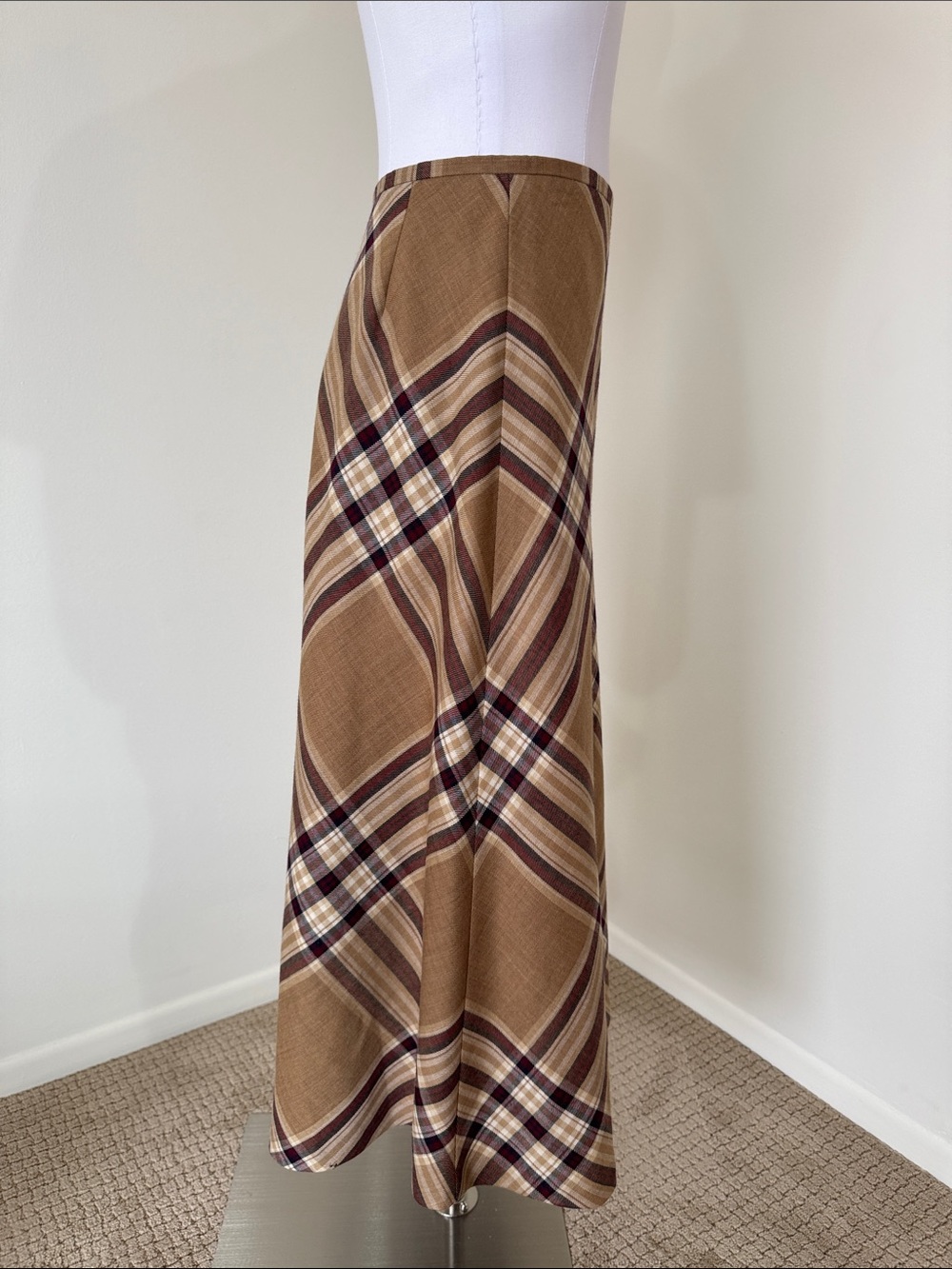 Talbots Wool Plaid Bias Cut A-Line Midi Skirt Brown Tan Old Money Size 4 - Picture 2 of 7